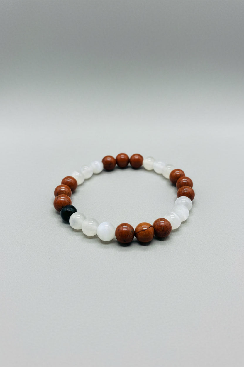 Handmade Selenite, Hematite & Red Agate Bracelet