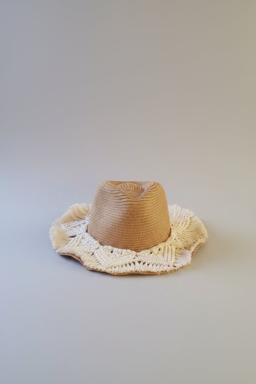Handmade Bohemian Macramé Straw Sun Hat – Fringe Fedora with Wooden Beads