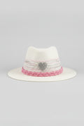 Handmade White Panama Sun Hat – Pink Wrapped Yarn Band & Sparkling Heart