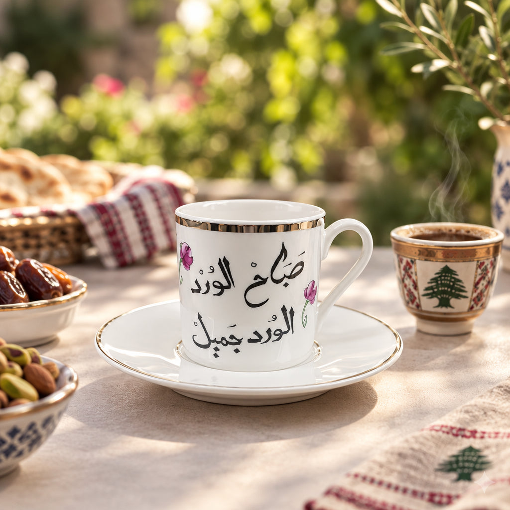 Hand-Painted Ceramic Coffee Cup & Saucer Set with 18K Gold