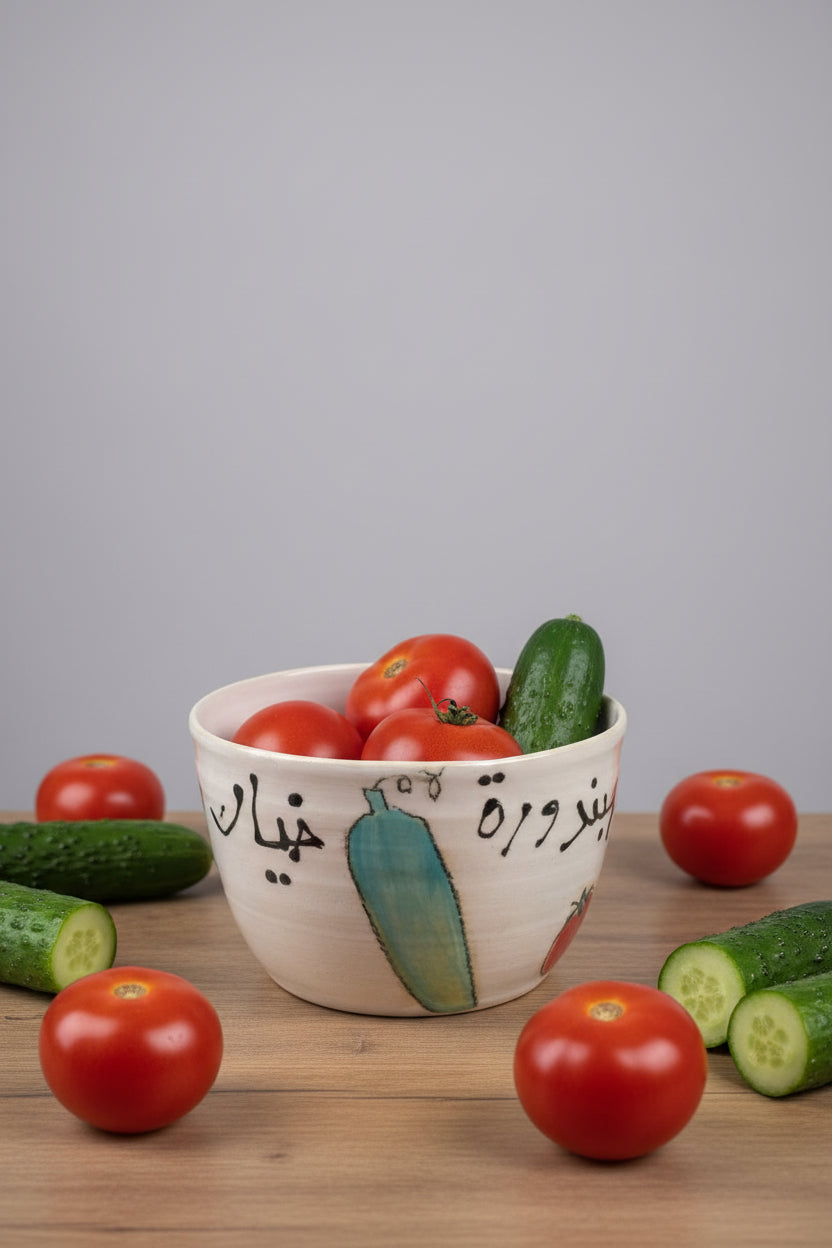 Hand-Painted 'Levantine Breakfast Essentials' Calligraphy Ceramic Bowl
