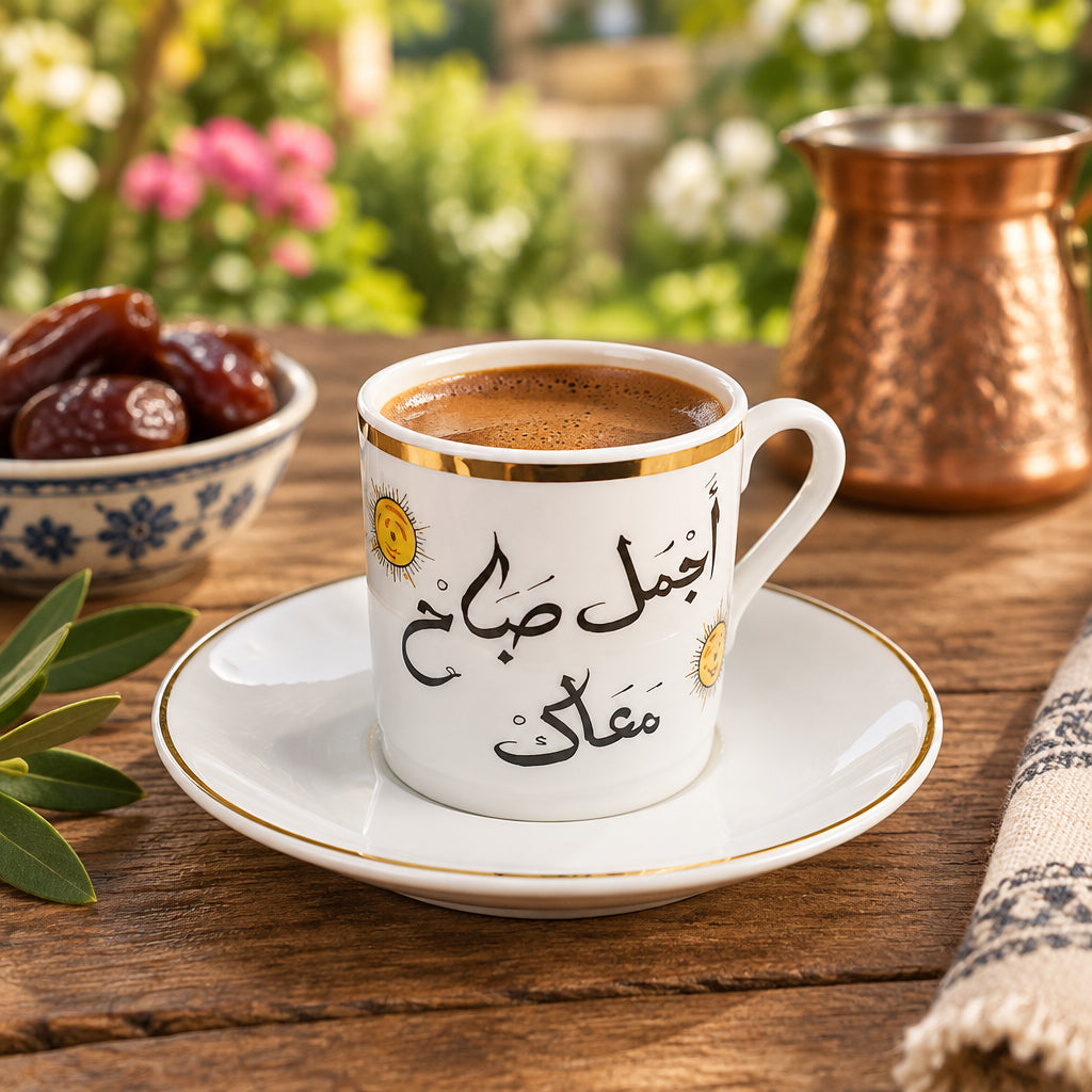 Hand-Painted Ceramic Coffee Cup & Saucer Set with 18K Gold